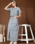 Solid Denim Round Neck Top With Skirt Co-Ords Set
