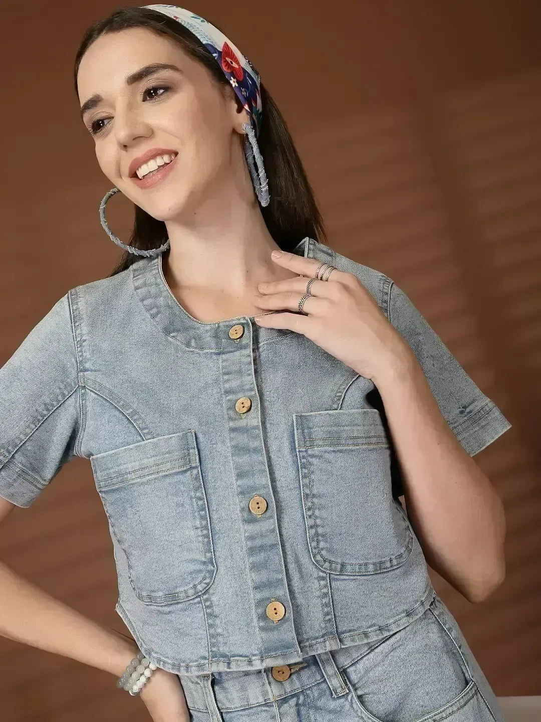 Solid Denim Round Neck Top With Skirt Co-Ords Set