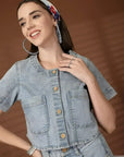 Solid Denim Round Neck Top With Skirt Co-Ords Set