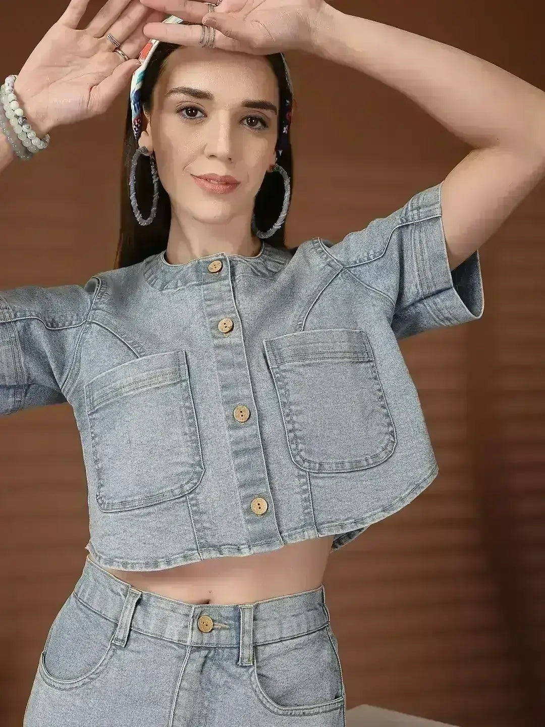 Solid Denim Round Neck Top With Skirt Co-Ords Set