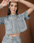 Solid Denim Round Neck Top With Skirt Co-Ords Set
