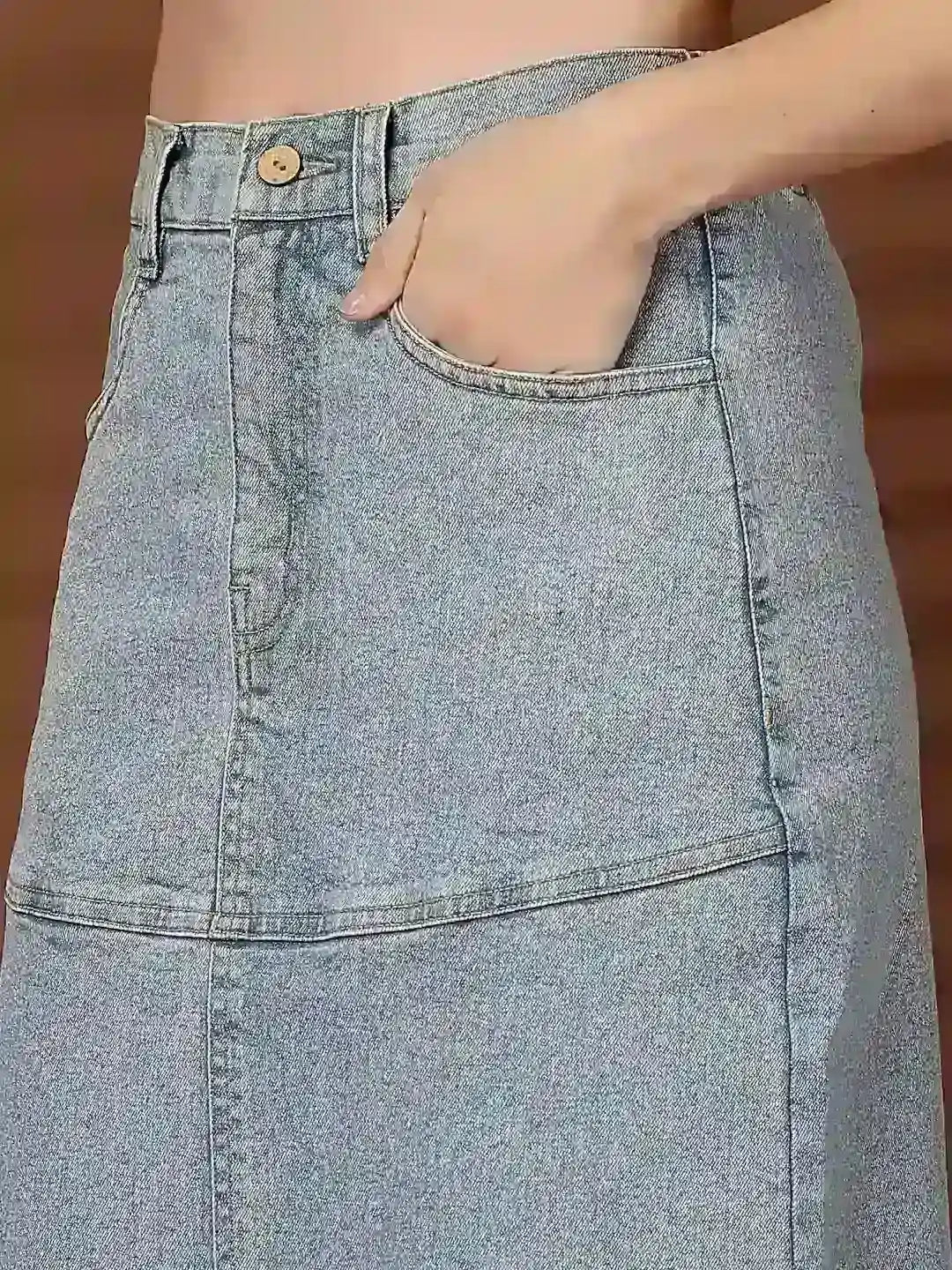 Solid Denim Round Neck Top With Skirt Co-Ords Set