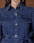 Blue Solid Shirt Collar Dress