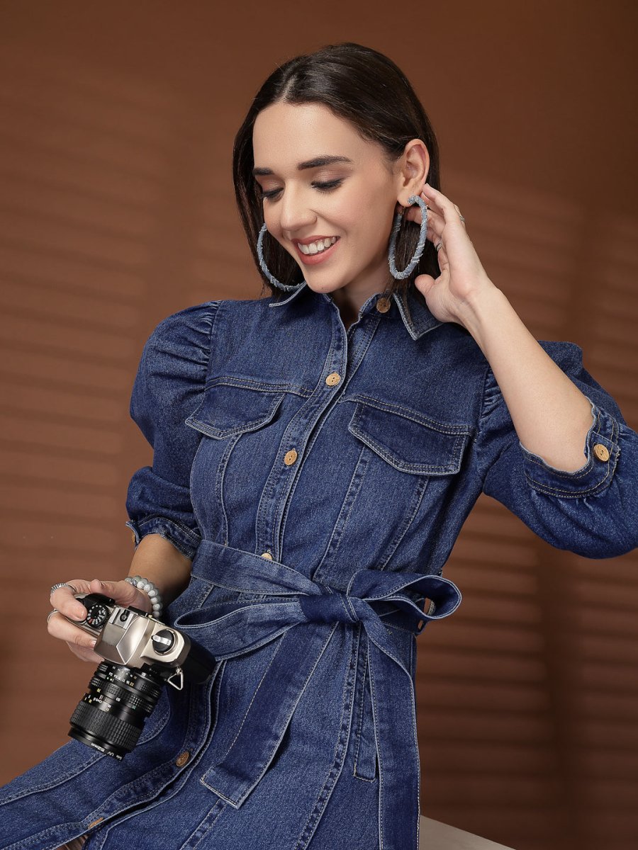 Blue Solid Shirt Collar Dress