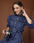 Blue Solid Shirt Collar Dress