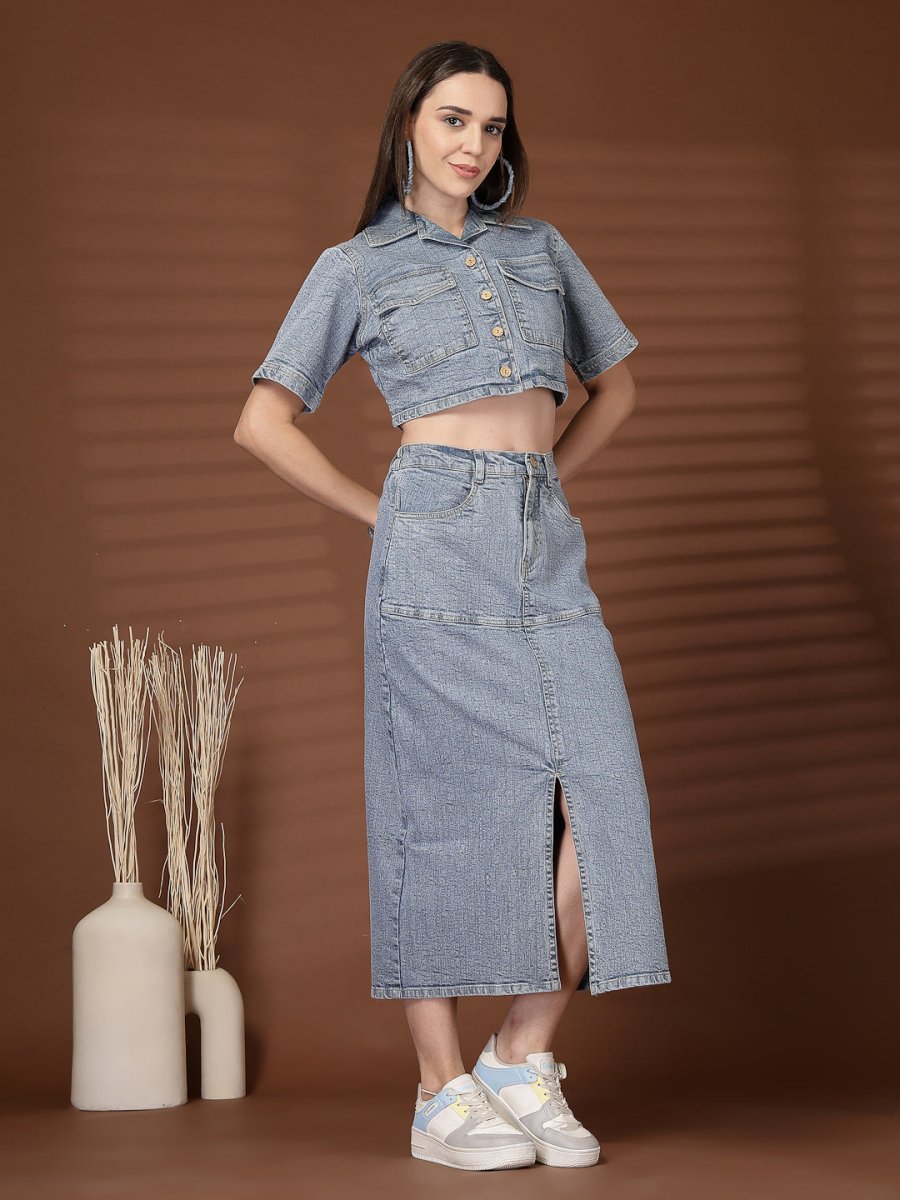 Solid Blue Shirt With Skirt Co-Ords Set