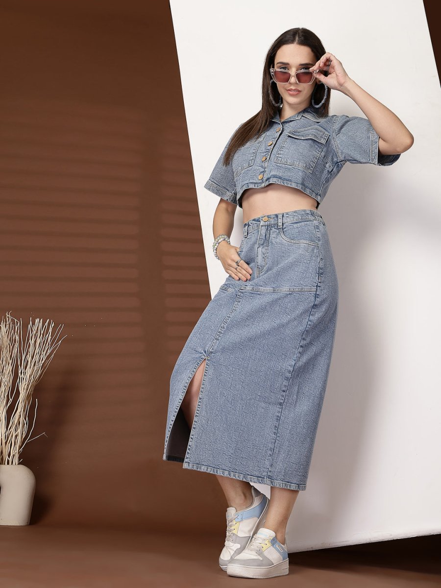 Solid Blue Shirt With Skirt Co-Ords Set