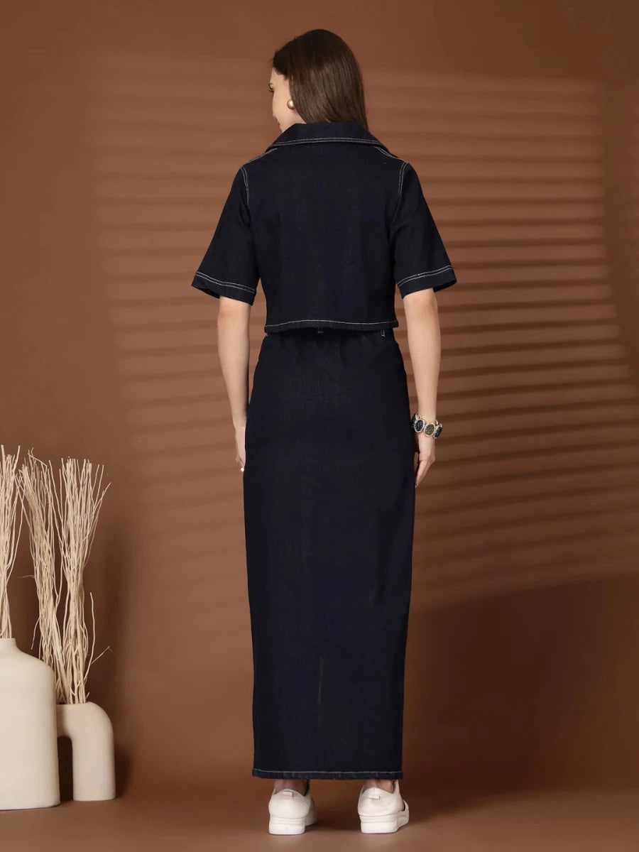 Solid Shirt collar Top With Skirt Co-Ords Set