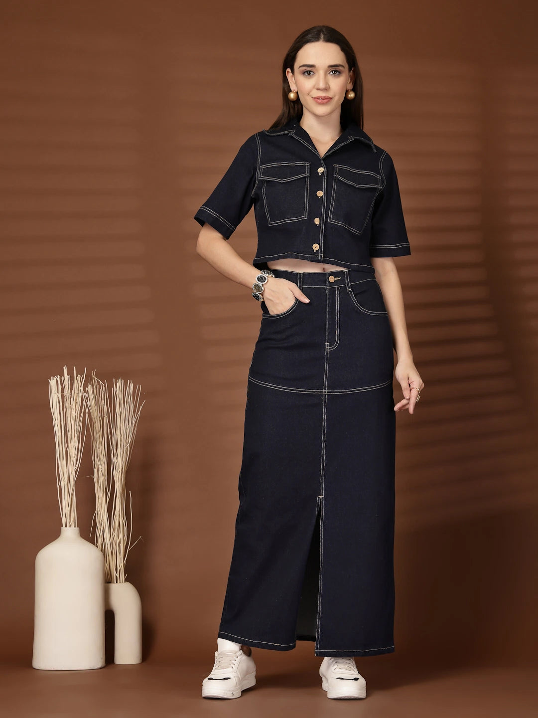 Solid Shirt collar Top With Skirt Co-Ords Set