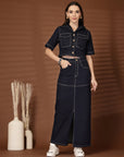 Solid Shirt collar Top With Skirt Co-Ords Set