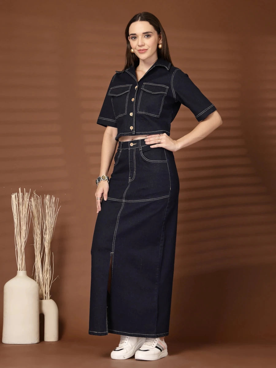 Solid Shirt collar Top With Skirt Co-Ords Set