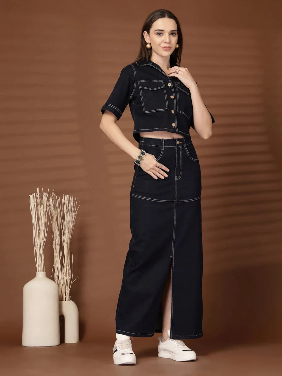 Solid Shirt collar Top With Skirt Co-Ords Set