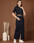 Solid Shirt collar Top With Skirt Co-Ords Set