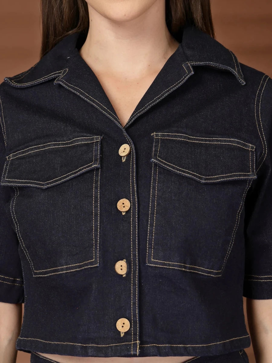 Solid Shirt collar Top With Skirt Co-Ords Set