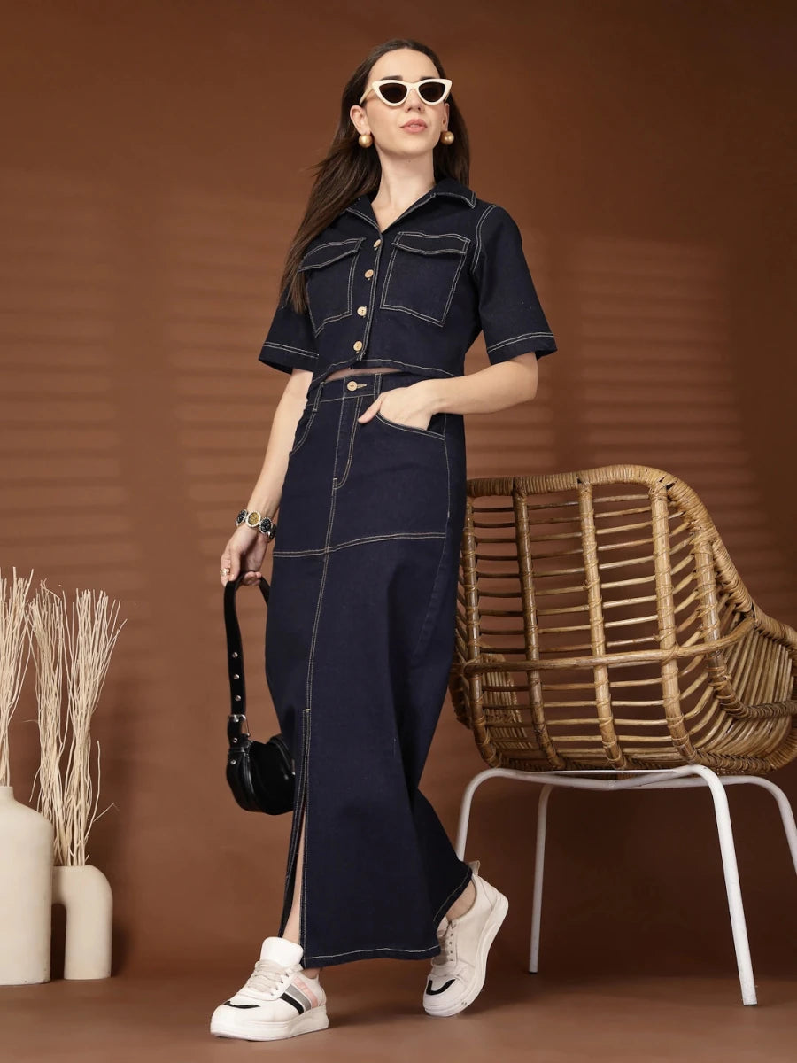 Solid Shirt collar Top With Skirt Co-Ords Set