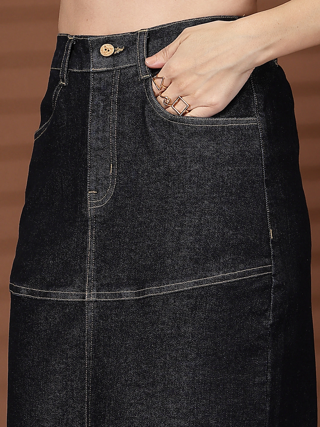 Black Solid Denim Round Neck Top With Skirt Co-Ords