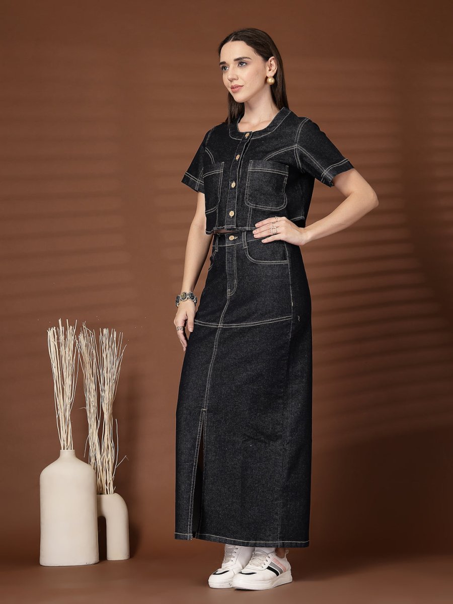 Black Solid Denim Round Neck Top With Skirt Co-Ords