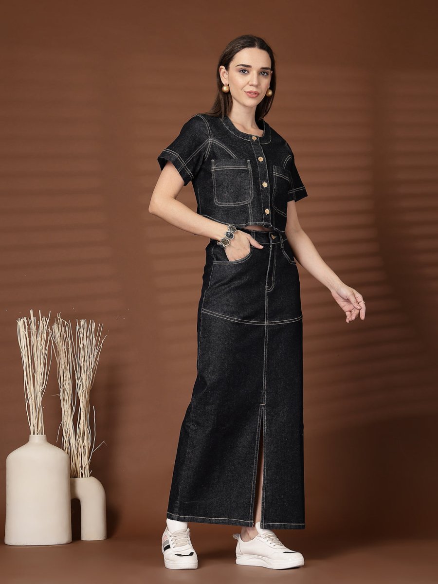 Black Solid Denim Round Neck Top With Skirt Co-Ords