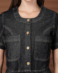 Black Solid Denim Round Neck Top With Skirt Co-Ords