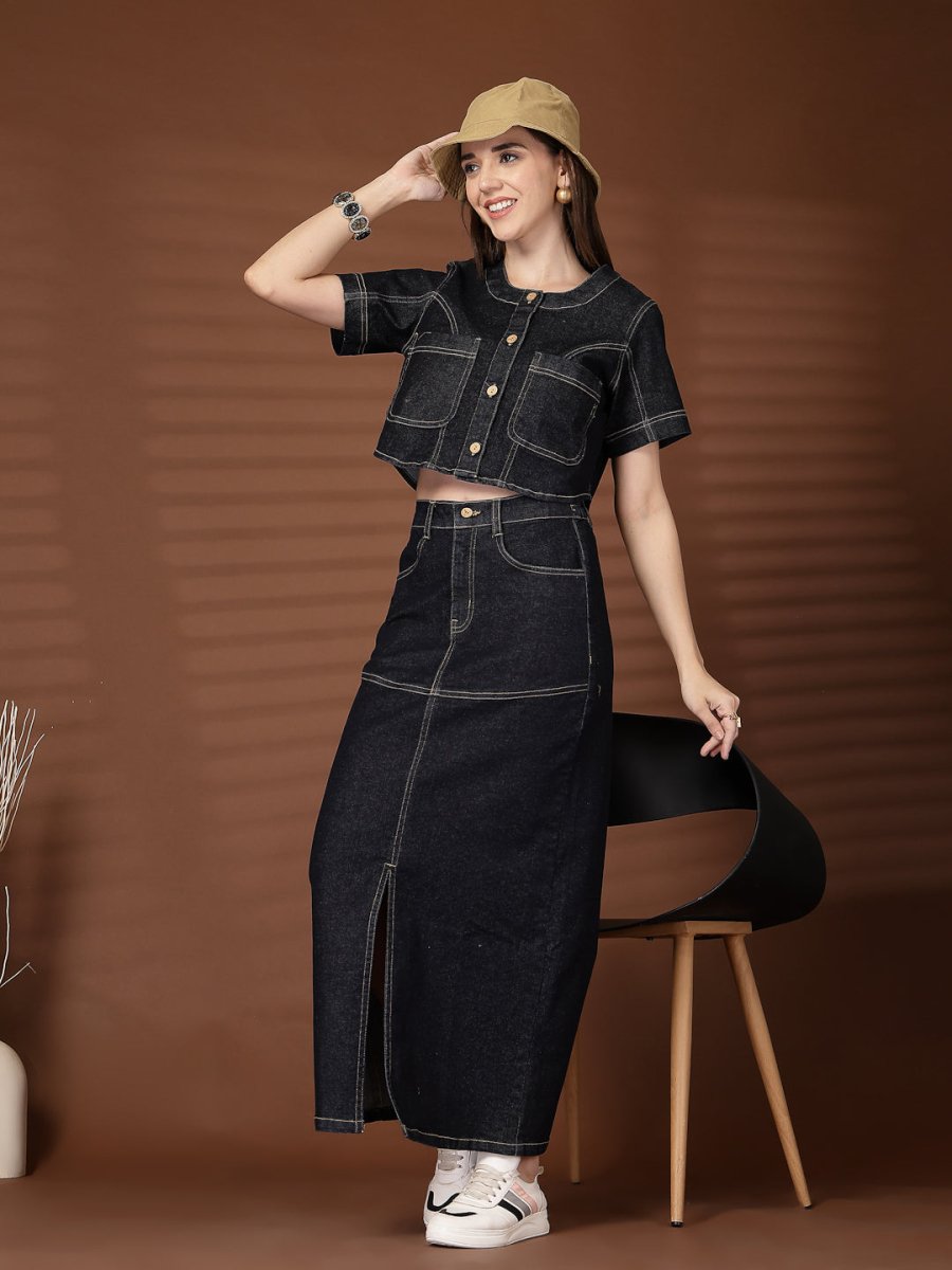 Black Solid Denim Round Neck Top With Skirt Co-Ords