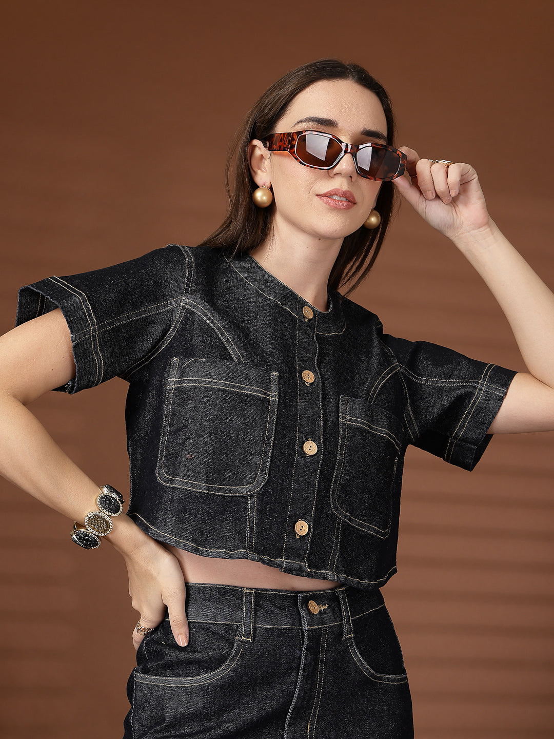 Black Solid Denim Round Neck Top With Skirt Co-Ords