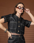 Black Solid Denim Round Neck Top With Skirt Co-Ords