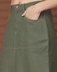 Olive Solid Shirt collar Top With Skirt Co-Ords Set