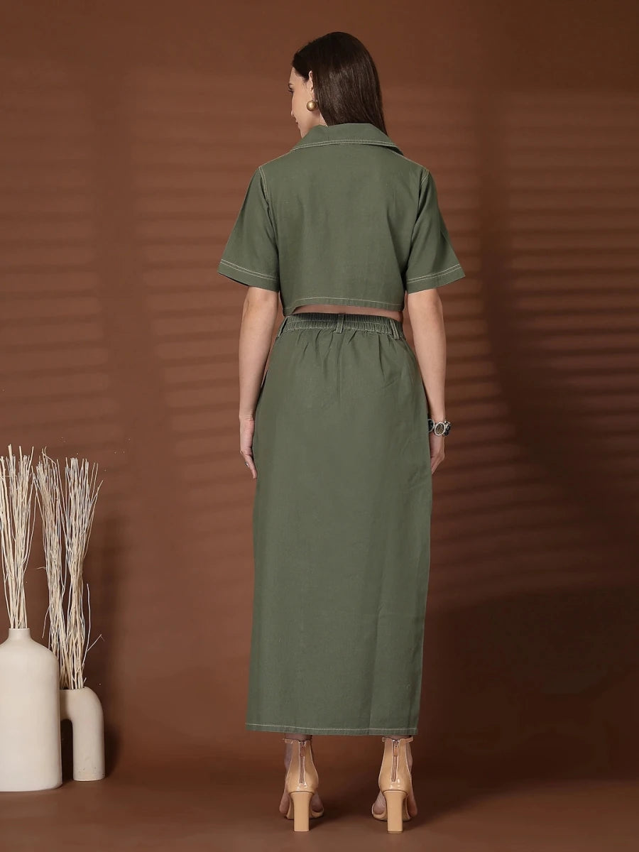 Olive Solid Shirt collar Top With Skirt Co-Ords Set