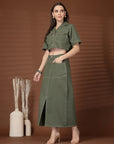 Olive Solid Shirt collar Top With Skirt Co-Ords Set