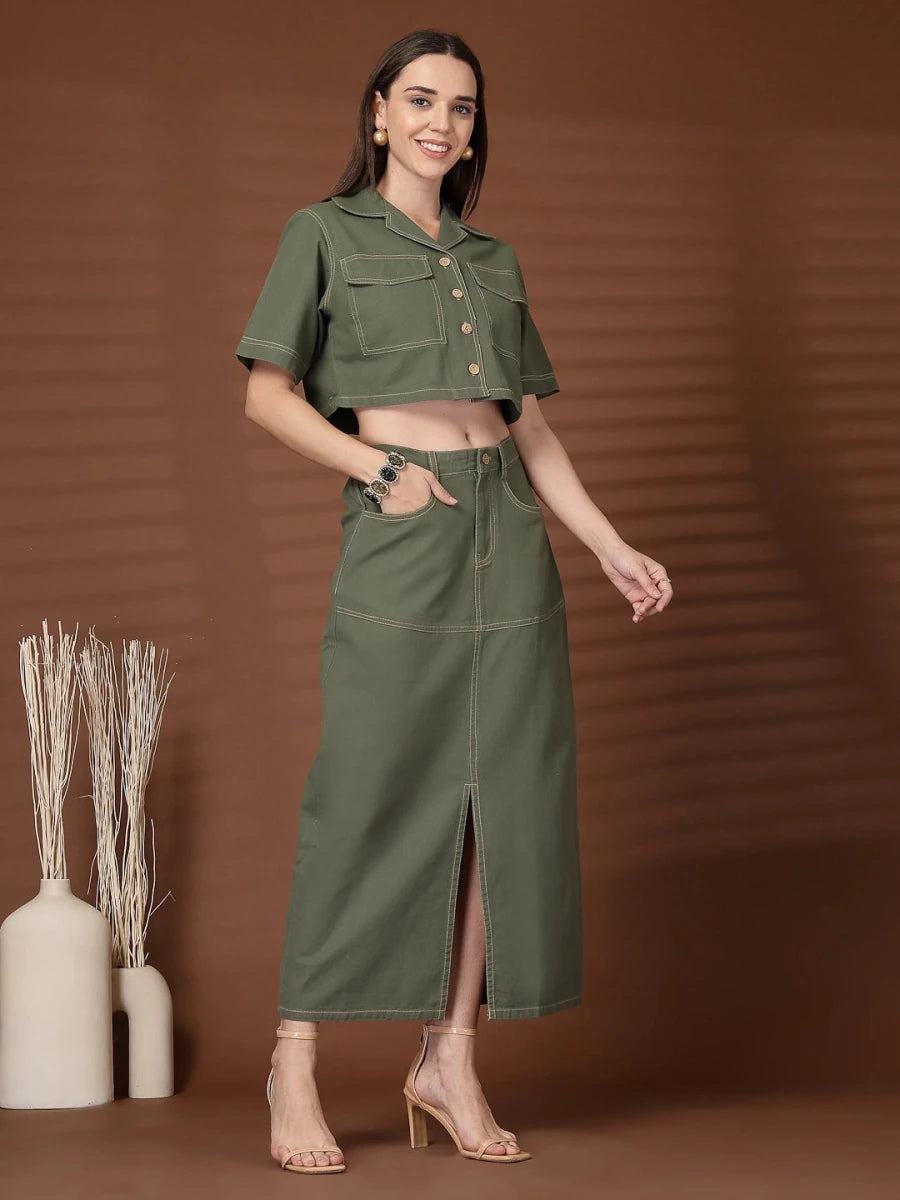 Olive Solid Shirt collar Top With Skirt Co-Ords Set