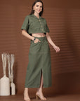 Olive Solid Shirt collar Top With Skirt Co-Ords Set
