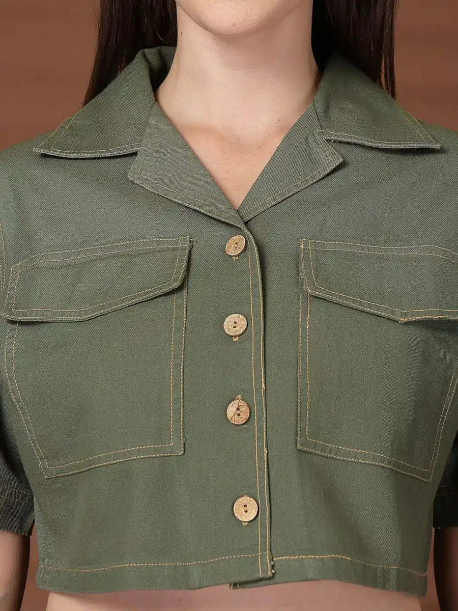 Olive Solid Shirt collar Top With Skirt Co-Ords Set