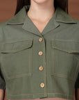 Olive Solid Shirt collar Top With Skirt Co-Ords Set