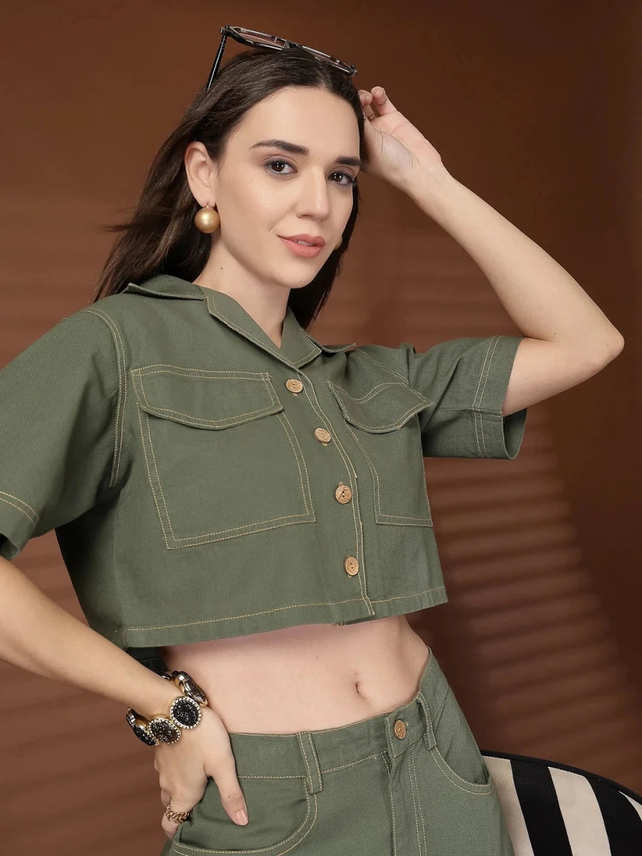Olive Solid Shirt collar Top With Skirt Co-Ords Set