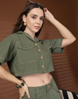 Olive Solid Shirt collar Top With Skirt Co-Ords Set