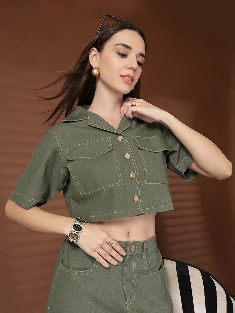 Olive Solid Shirt collar Top With Skirt Co-Ords Set