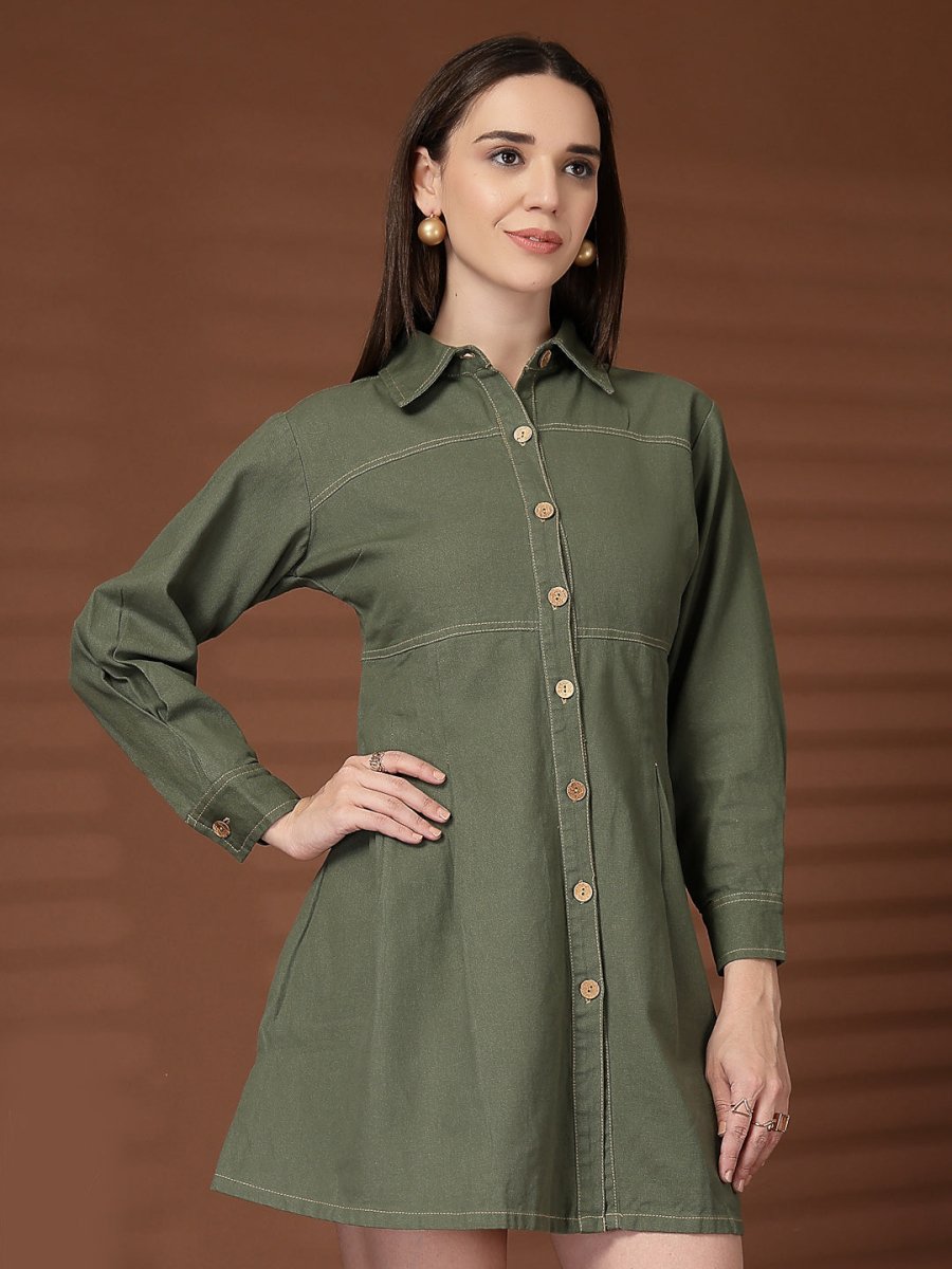 Olive Green Solid Shirt Collar Dress