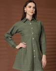 Olive Green Solid Shirt Collar Dress