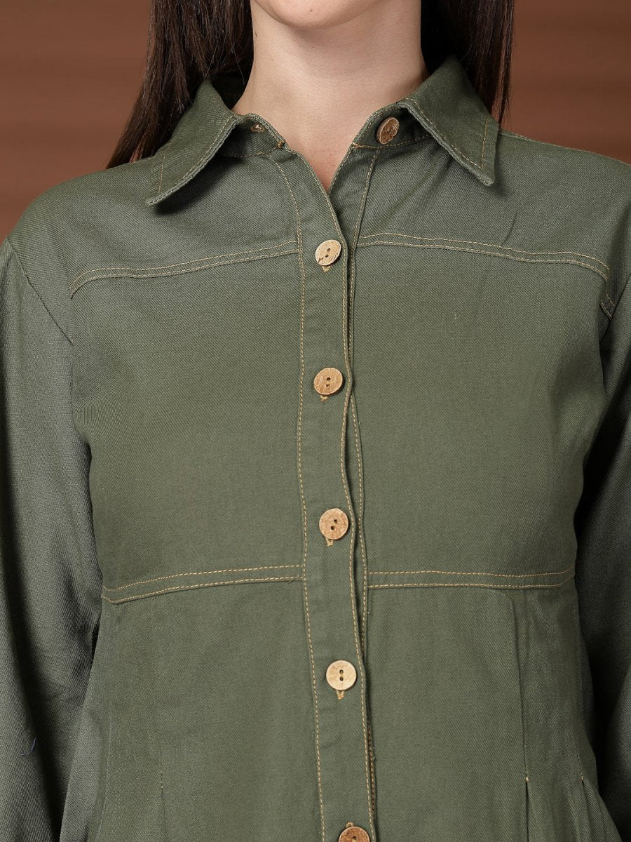 Olive Green Solid Shirt Collar Dress