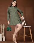 Olive Green Solid Shirt Collar Dress