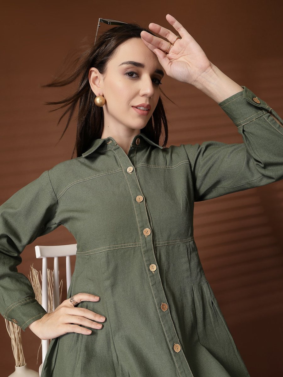 Olive Green Solid Shirt Collar Dress