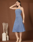 Solid Light Blue Fit & Flare Shoulder Straps Dress