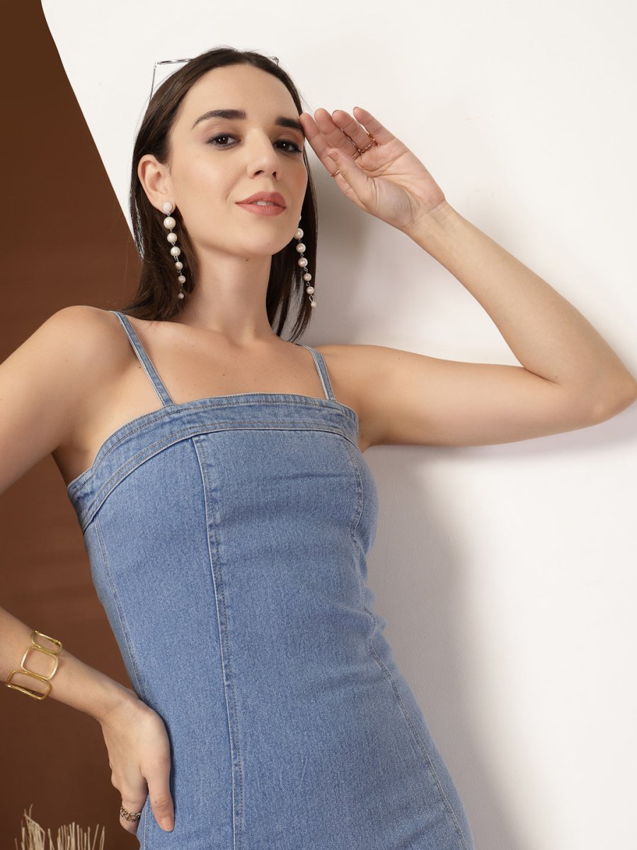 Solid Light Blue Fit &amp; Flare Shoulder Straps Dress