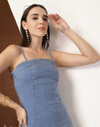 Solid Light Blue Fit & Flare Shoulder Straps Dress