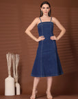 Solid Blue Fit & Flare Shoulder Straps Dress