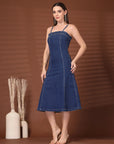 Solid Blue Fit & Flare Shoulder Straps Dress