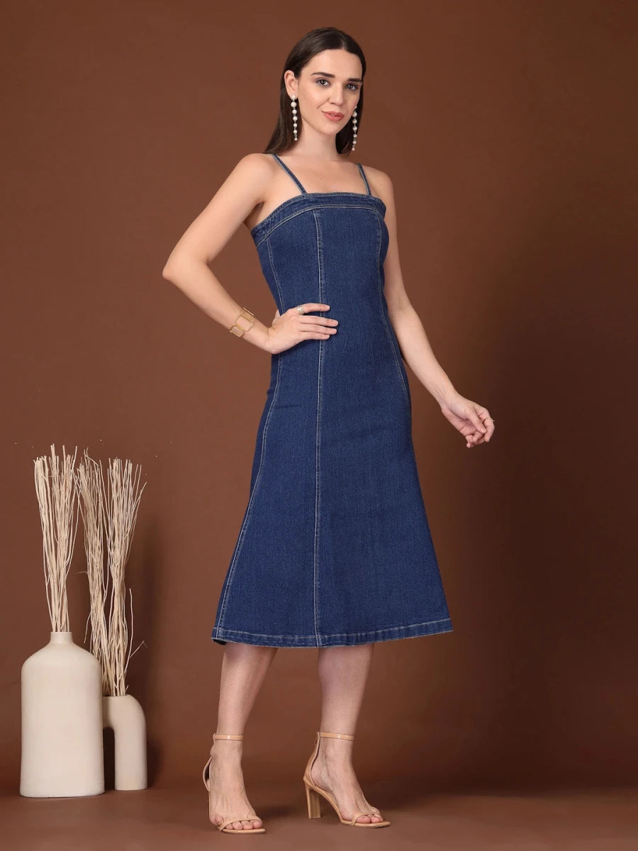 Solid Blue Fit &amp; Flare Shoulder Straps Dress