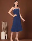 Solid Blue Fit & Flare Shoulder Straps Dress