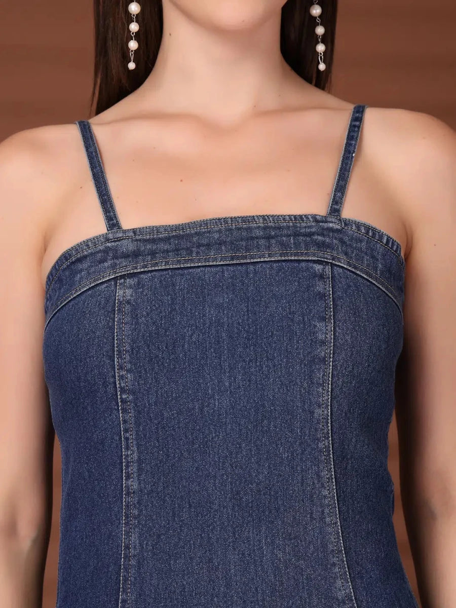 Solid Blue Fit &amp; Flare Shoulder Straps Dress