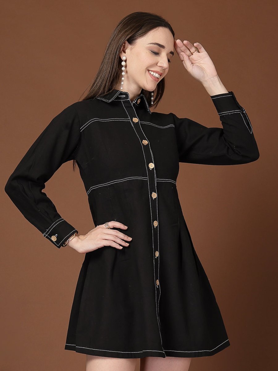 Solid Black Shirt Collar Dress